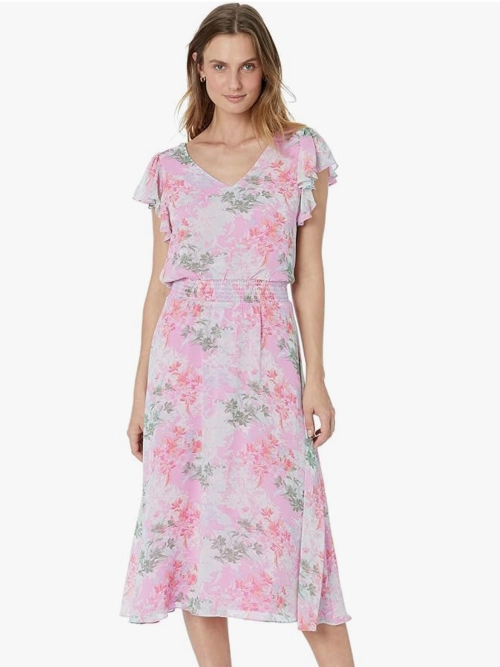 Vince Camuto Pink Floral V-Neck Dress